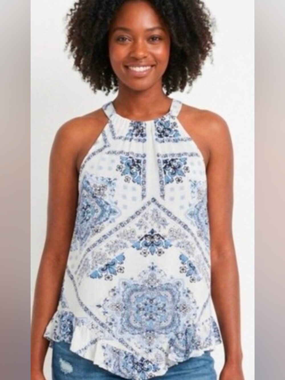 Maurices Halter Paisley Medallion Tank Top Blue Boho Ruffle Hem Size 1X